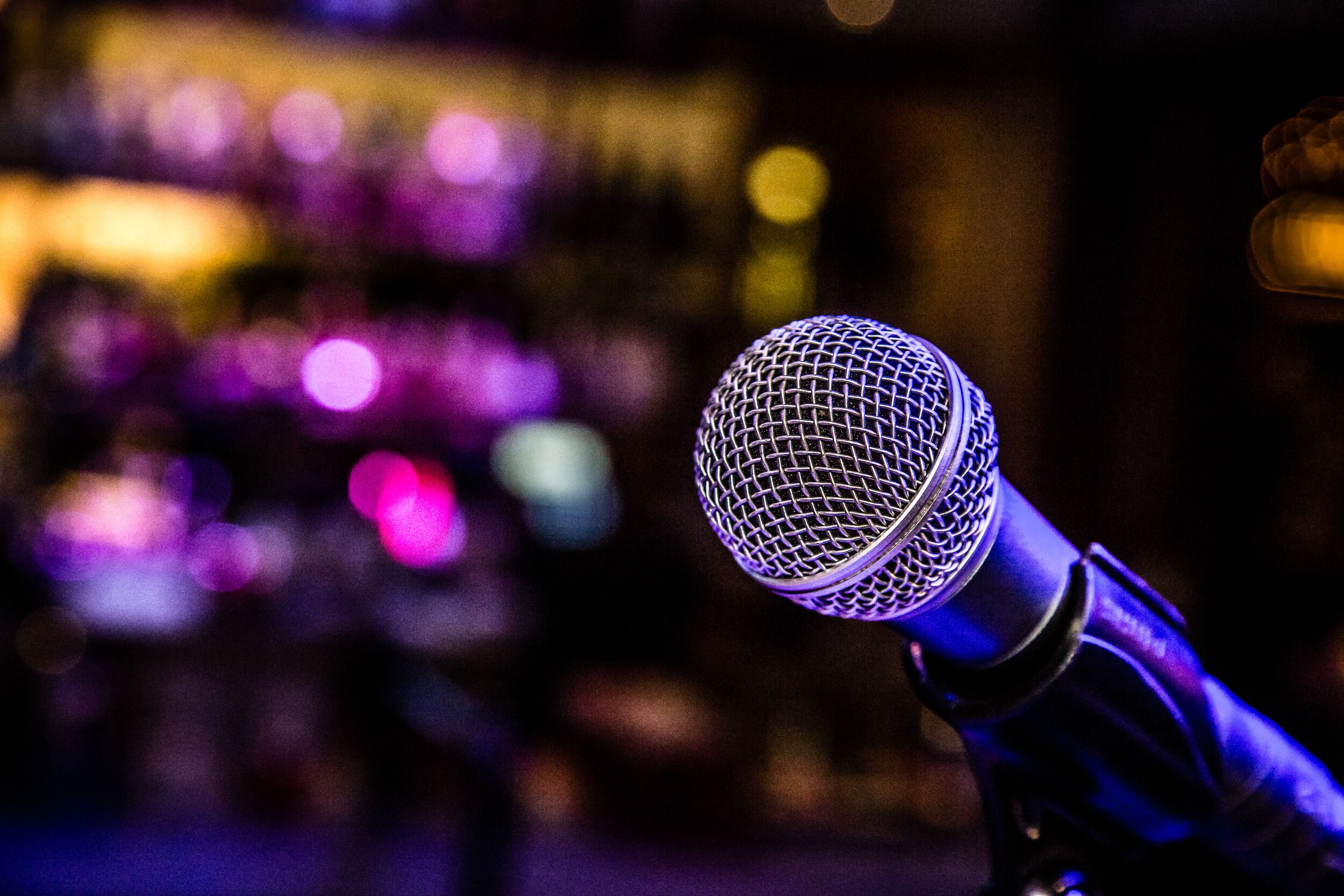 Microphone under stage lights.