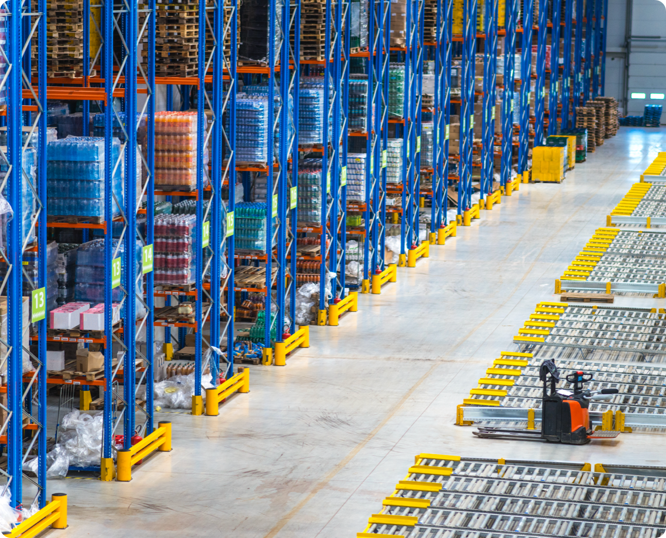 Warehouse filled with pallets of items.