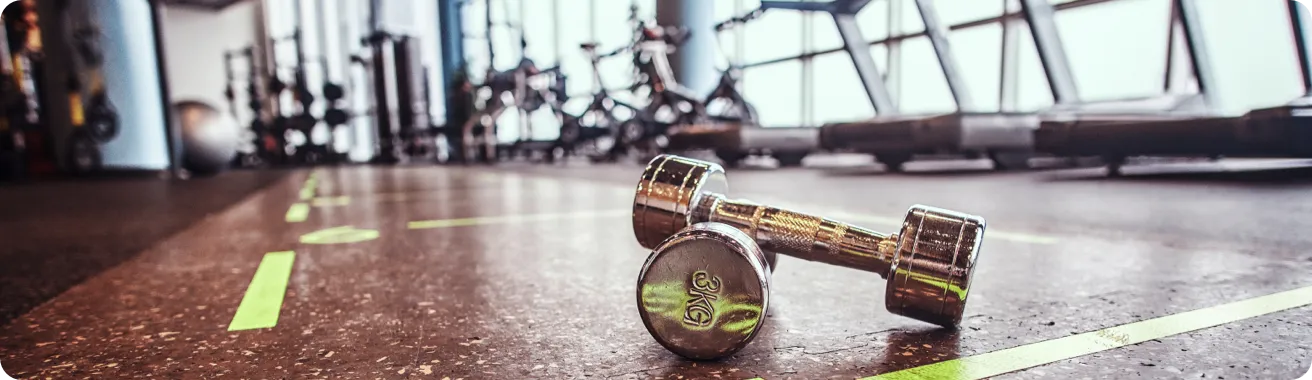 Pair of three kilogram dumbbells on a gym floor.