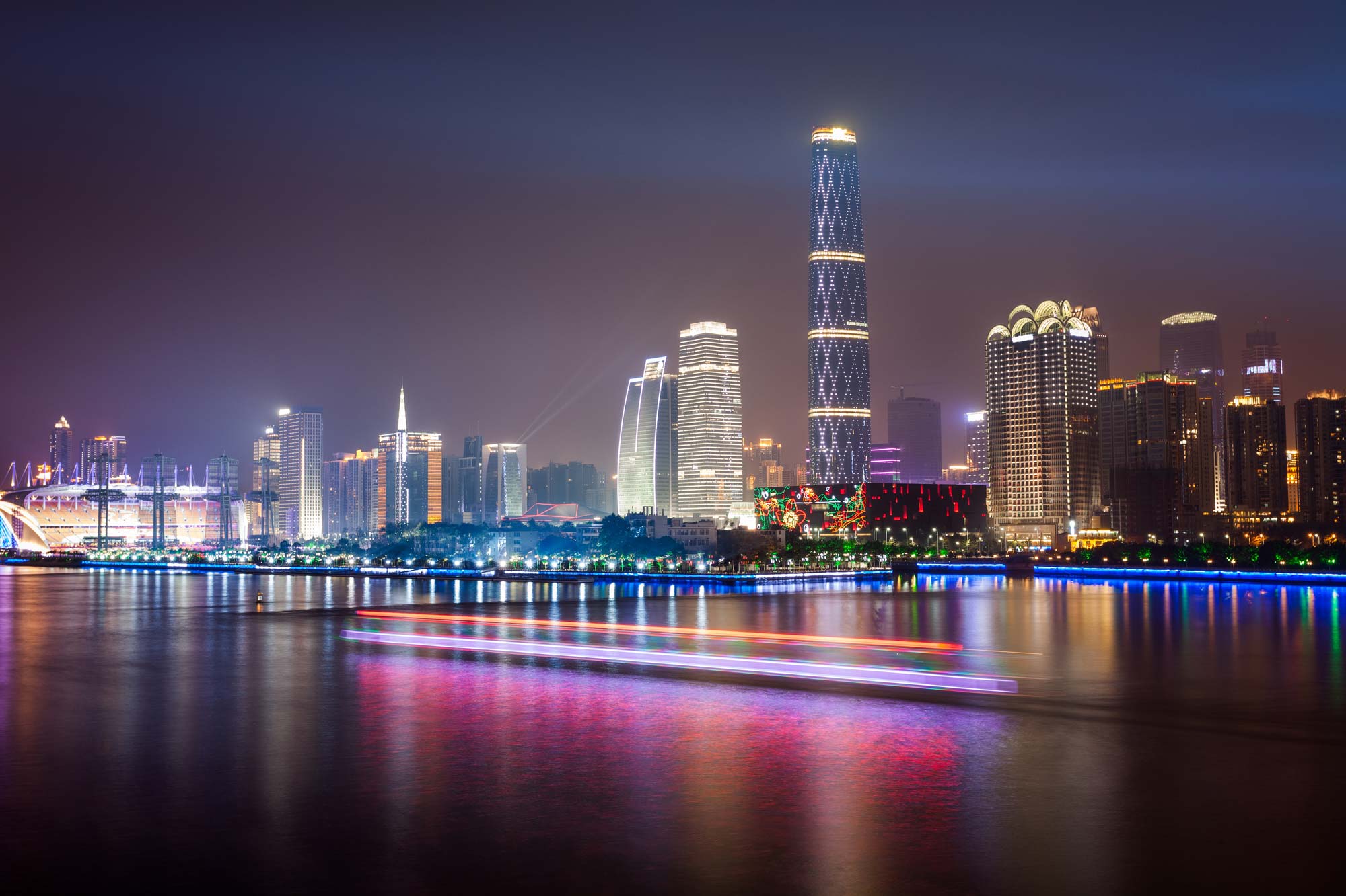 Night time view of the water and skyline